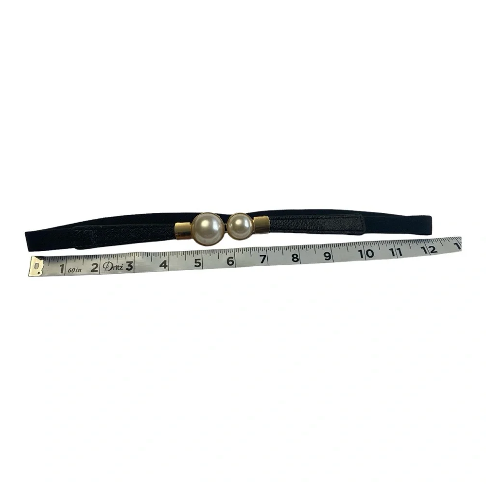 Thin Double Faux Pearl Buckle Solid Color‎ PU Leather Waist Thin Belt One Size